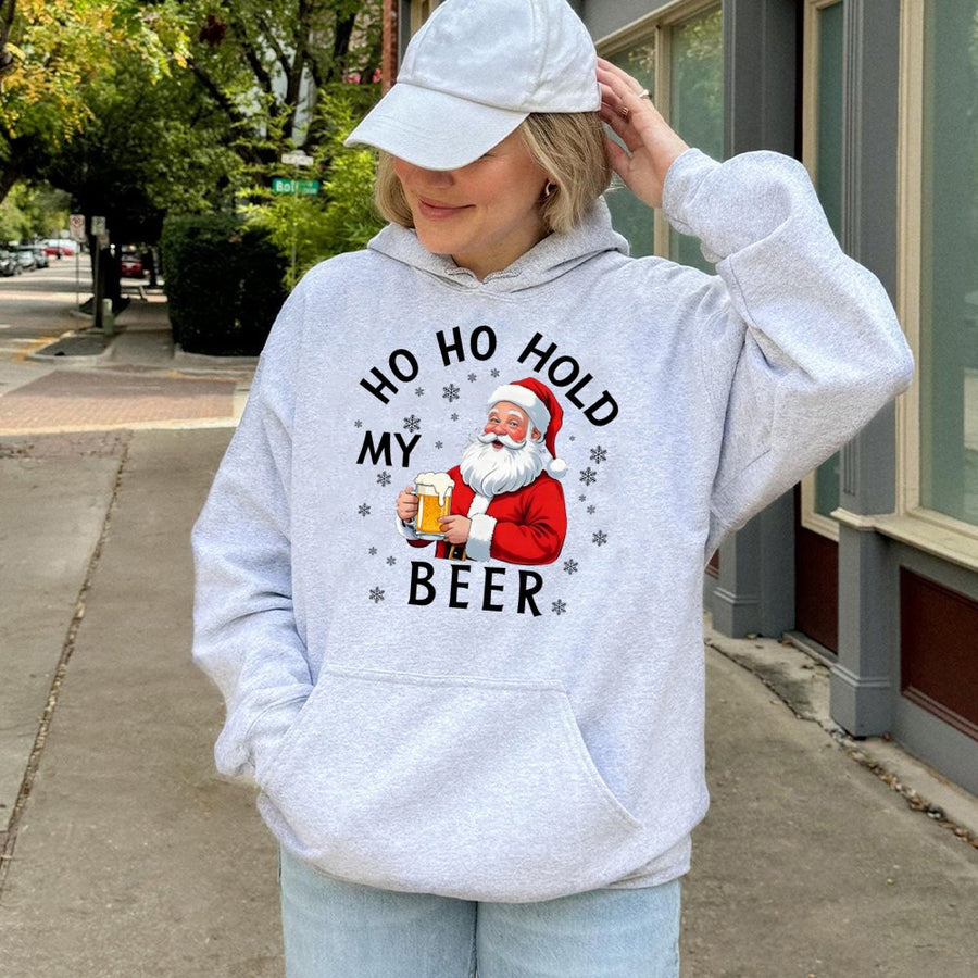 Ho Ho Hold My Beer Santa Hoodie | Funny Christmas Drinking Sweatshirt | Soft Cotton-Poly Blend | Unisex Holiday Gift for Beer Lovers