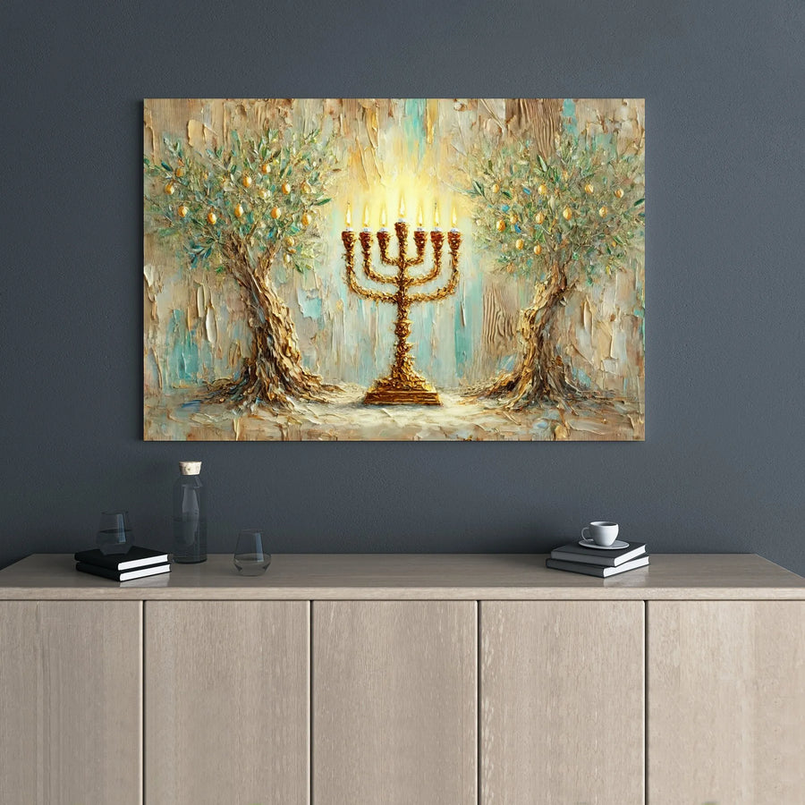 Menorah Canvas Wall Art | Olive Trees Impasto Painting Print | Premium 1.25-Inch Gallery Wrap | Jewish Home Decor and Hanukkah Gift