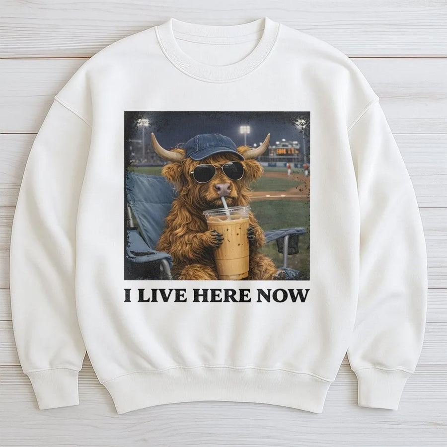 Highland Cow Baseball Sweatshirt | Funny 'I Live Here Now' Graphic | Soft Cotton Blend | Gift for Baseball and Softball Moms