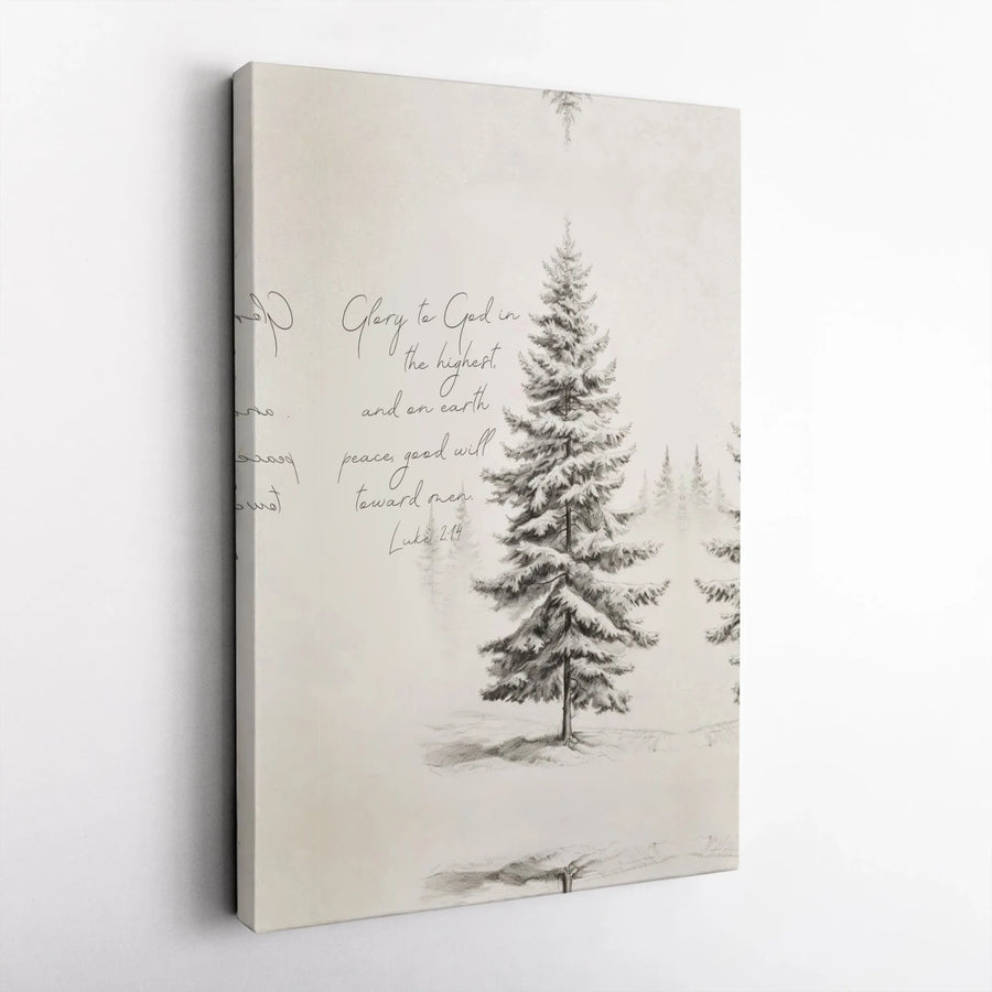Luke 2:14 Scripture Wall Art | Glory to God Pine Tree Sketch | Premium 1.25-Inch Gallery Canvas | Christian Christmas Home Decor Gift