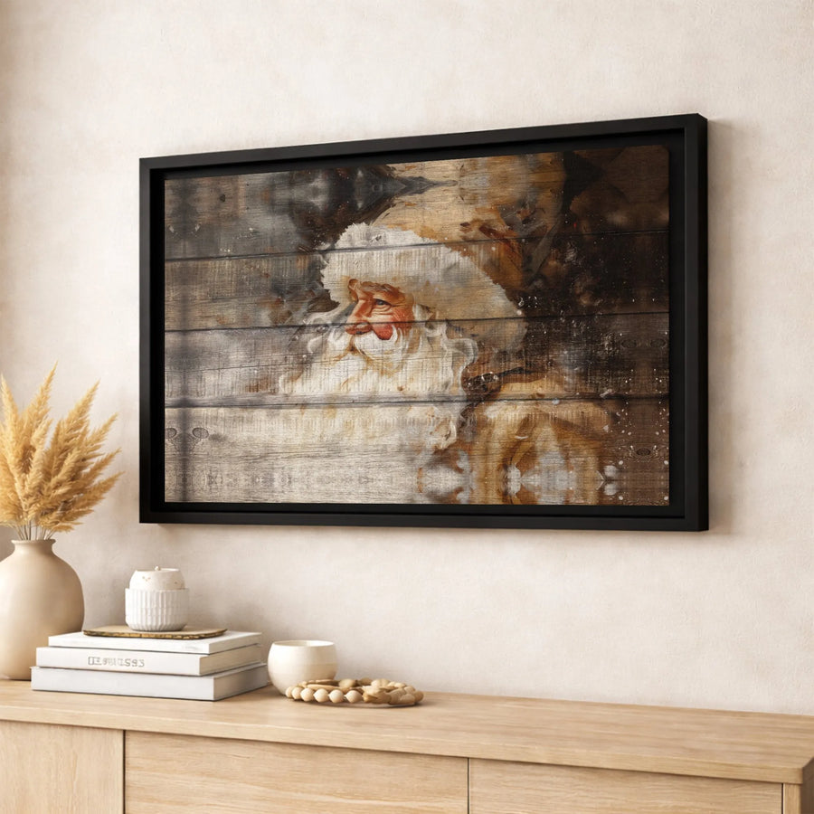 Rustic Santa Claus Portrait Wall Art | Vintage Wood Plank Christmas Decor | Premium Gallery Canvas | Holiday Gift for Living Room