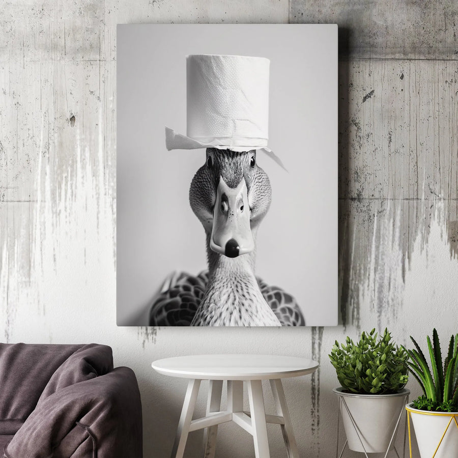 Funny Duck Bathroom Canvas Art | Quirky Animal with Toilet Paper Hat | Premium Black and White Print | Humorous Restroom Decor Gift