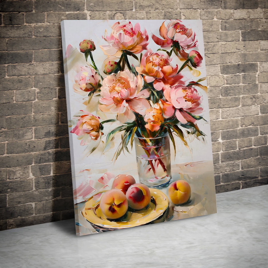 Peony Still Life Canvas Wall Art | Impressionist Peaches & Flowers Painting Print | Premium Thick Gallery Wrap Canvas | Kitchen & Dining Room Decor Gift