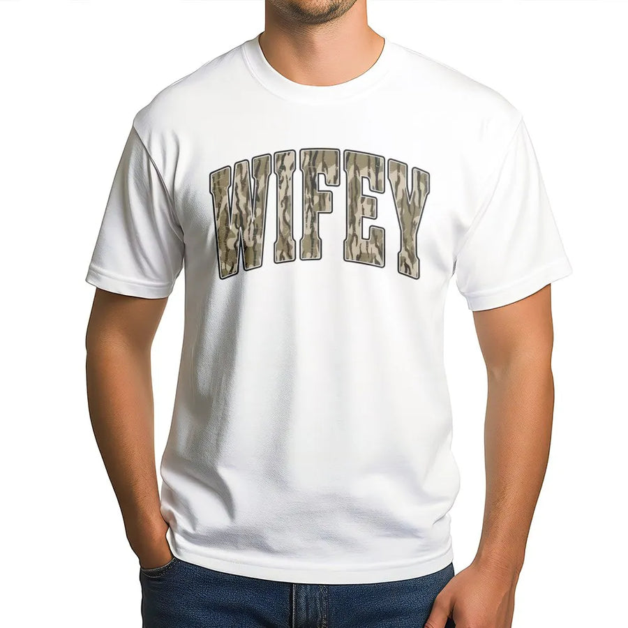 Wifey Camo T-Shirt | Distressed Varsity Lettering | Soft 100% Cotton Premium Tee | Cute Matching Wedding Gift for Bride or Hunting Wife