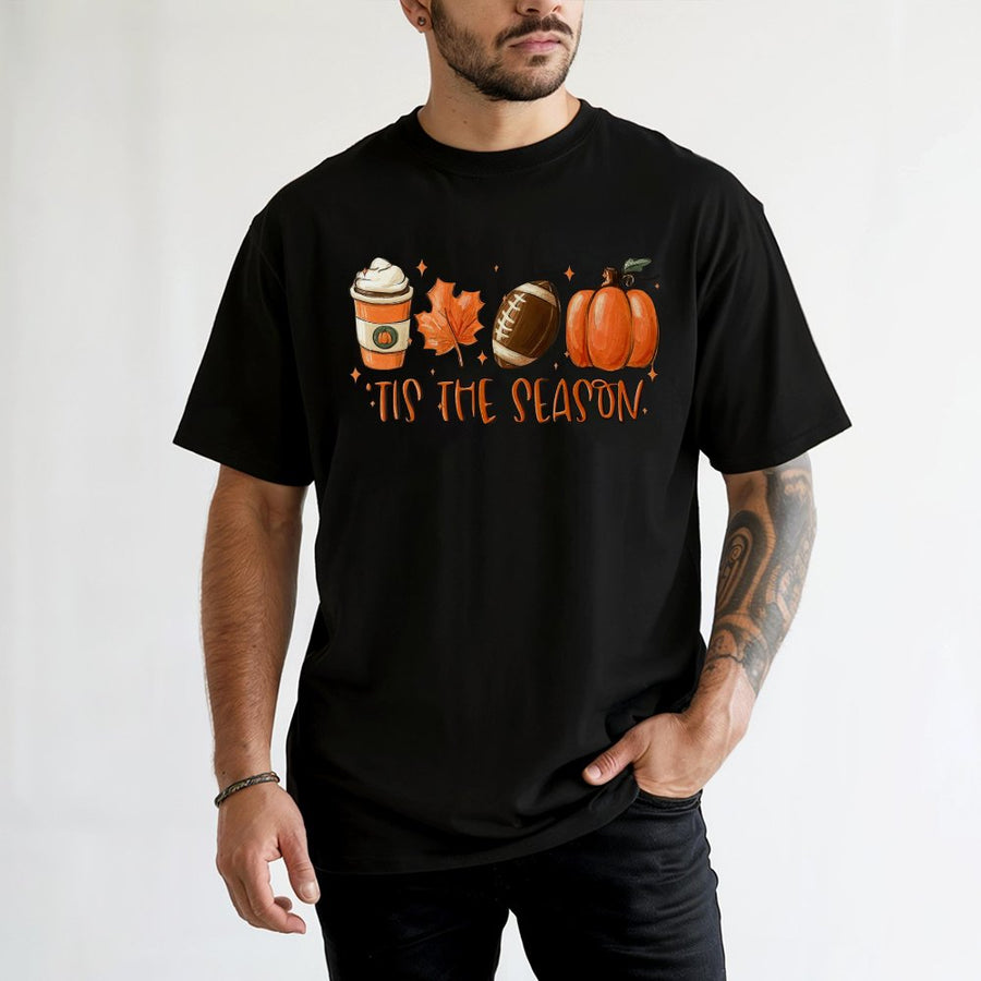 Tis The Season Fall T-Shirt | Pumpkin Spice Latte & Football Autumn Graphic Tee | 100% Premium Cotton | Cute Thanksgiving Gift For Her