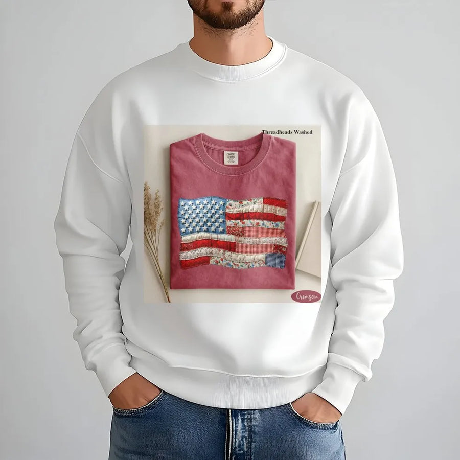 American Flag Sweatshirt | Retro Faux Patchwork USA Flag Design | Premium Comfort Colors | Patriotic Gift for Men & Women