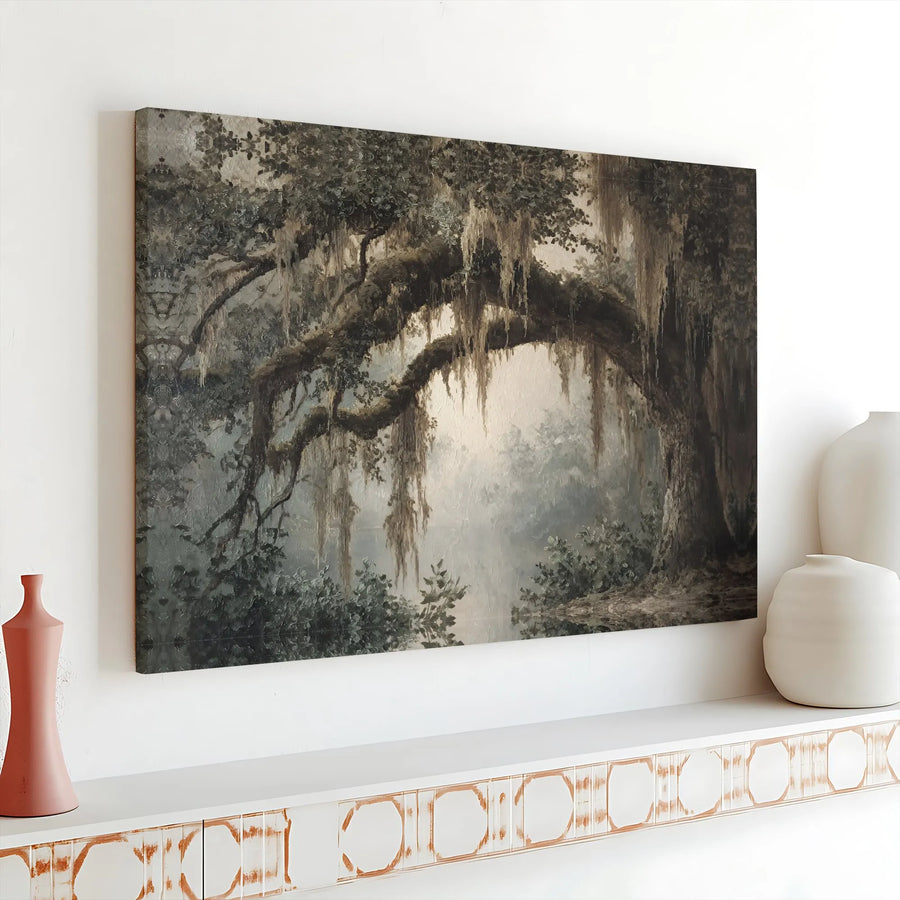 Misty Southern Oak Canvas Art | Moody Spanish Moss Landscape | Premium Gallery Wrap Wall Decor | Nature-Inspired Home Office Wall Hanging