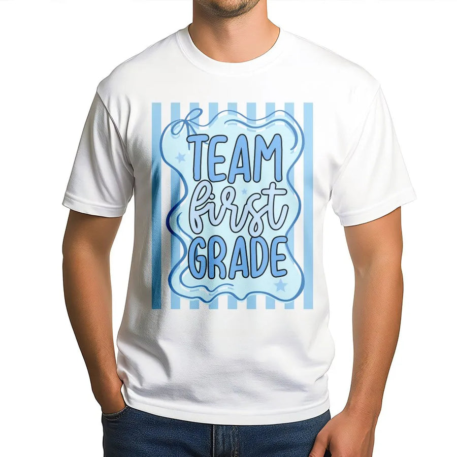 First Grade Teacher Team Shirt | Cute Back to School Striped Design | Premium Soft Cotton Tee | Gift for Elementary Teacher Squad