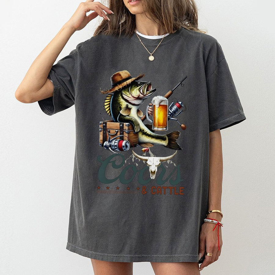 Coors T-Shirt, Beer Fishing T-Shirt For Men, Coors And Cattle Country Western T-Shirt, Bass Fishing Graphic With Cowboy Cattle