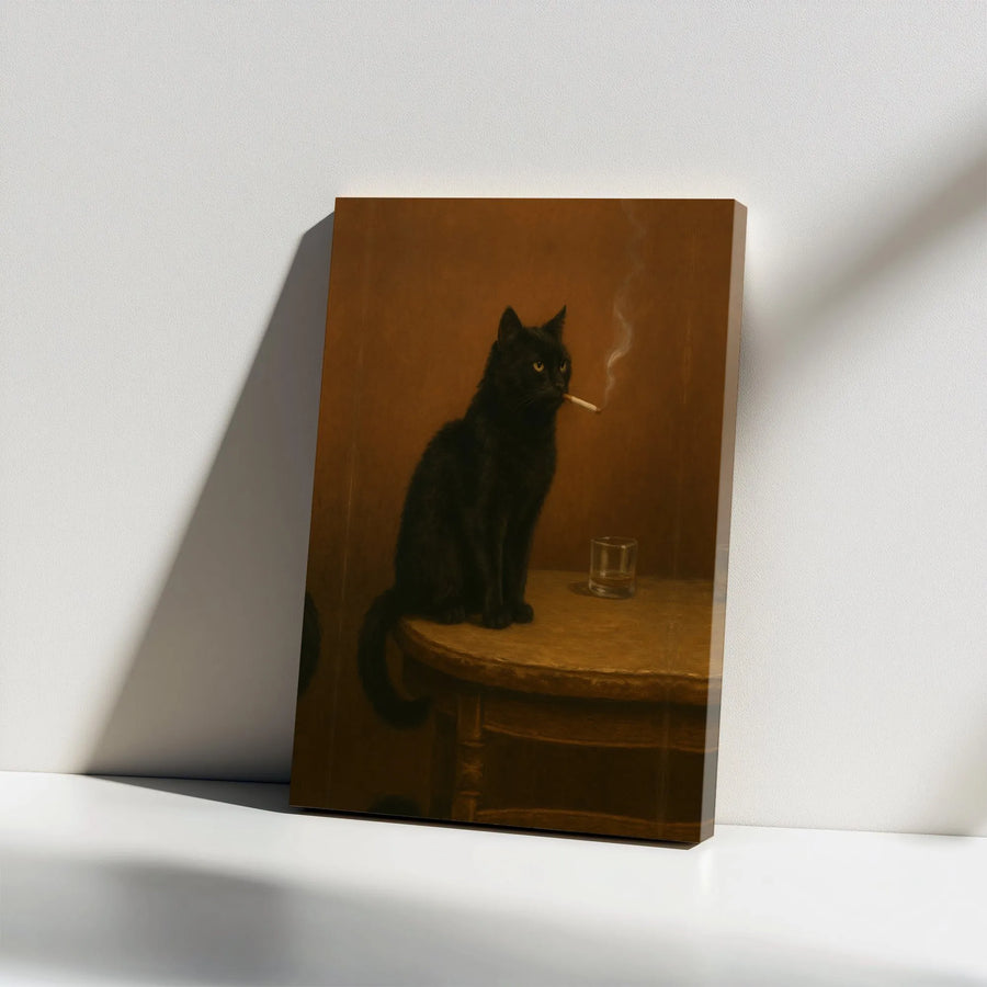 Black Cat Smoking and Whiskey Canvas Wall Art | Moody Surrealist Portrait | Gallery Wrap Premium Print | Edgy Home Decor Gift for Cat Lovers