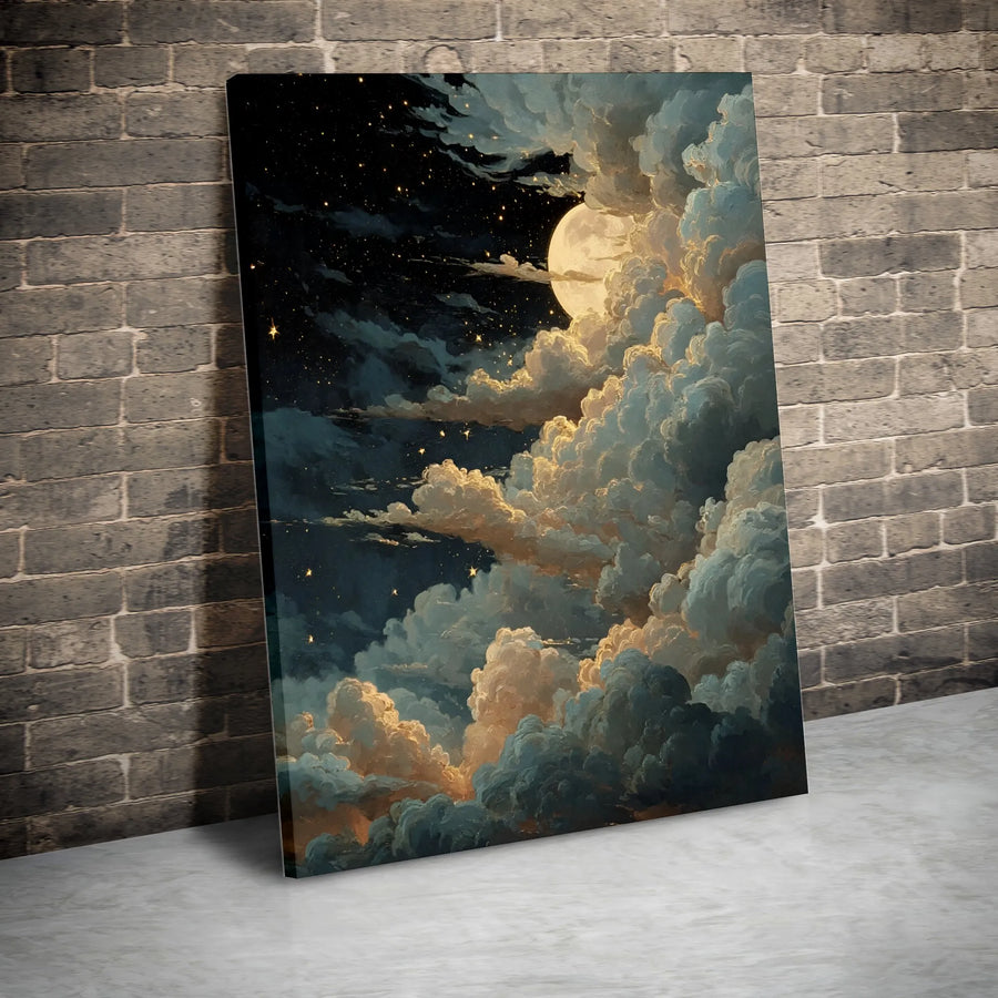 Celestial Night Sky Canvas Wall Art | Vintage Full Moon and Stars Painting | Premium Canvas Print | Living Room or Bedroom Decor Gift