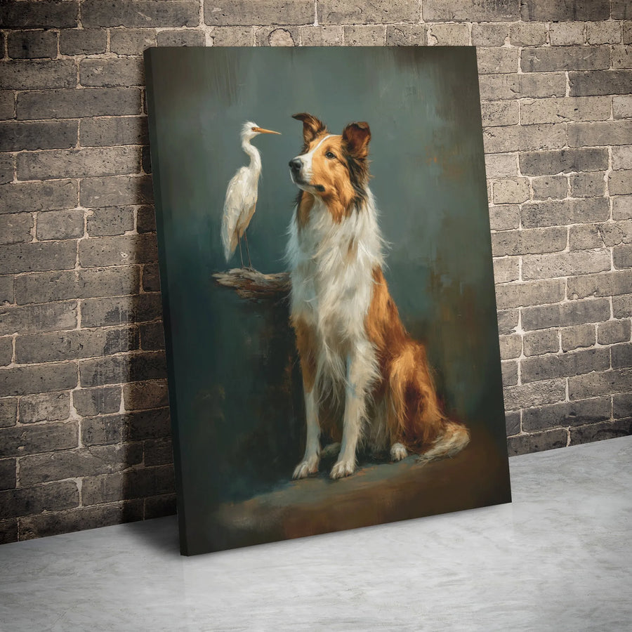 Collie Dog and White Egret Canvas Art | Moody Oil Painting Style | Premium Gallery Wrap Wall Decor | Nature-Inspired Home Gift for Dog Lovers