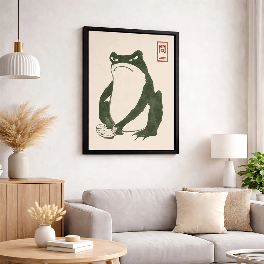 Grumpy Frog Wall Art | Japanese Matcha Tea Aesthetic | Premium Gallery Canvas | Cute Animal Home Decor Gift