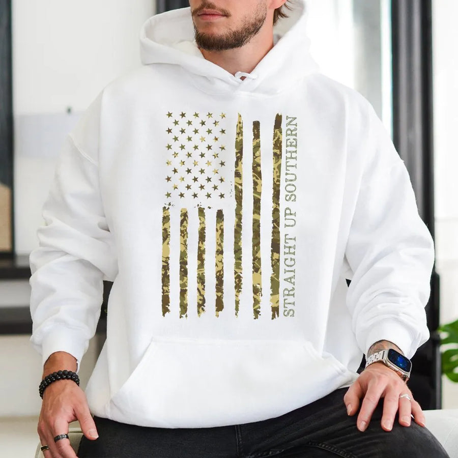 Camo American Flag Hoodie | Patriotic Southern Style Graphic | Premium Cotton Blend | Gift for Outdoorsmen and Veterans
