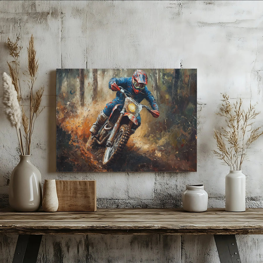 Motocross Wall Art Canvas | Dirt Bike Rider In The Forest | Premium Gallery Wrap | Gift For Motorcycle Riders And Extreme Sports Fans