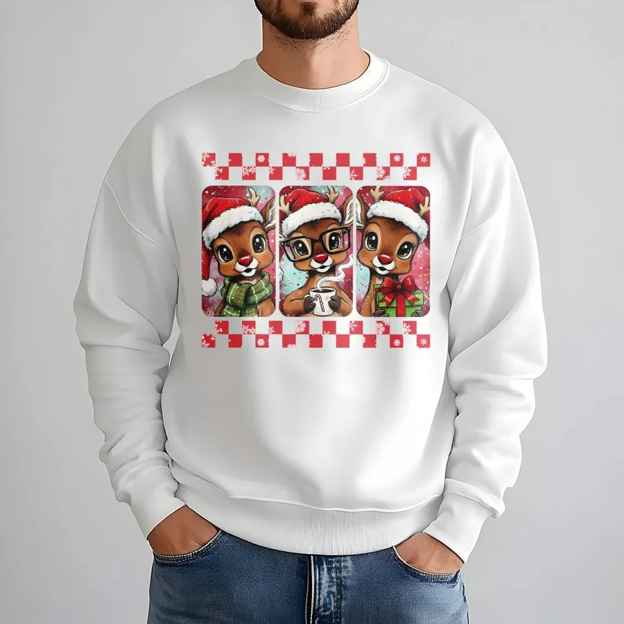 Christmas Reindeer Sweatshirt | Retro Checkered Holiday Graphic | Premium Cotton Blend | Cute Xmas Gift for Women & Teachers