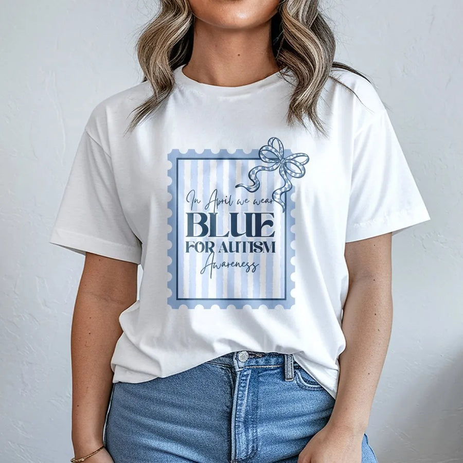 Autism Awareness T-Shirt | In April We Wear Blue Ribbon Graphic | 100% Cotton Premium Tee | Supportive Gift for Autism Moms and Families