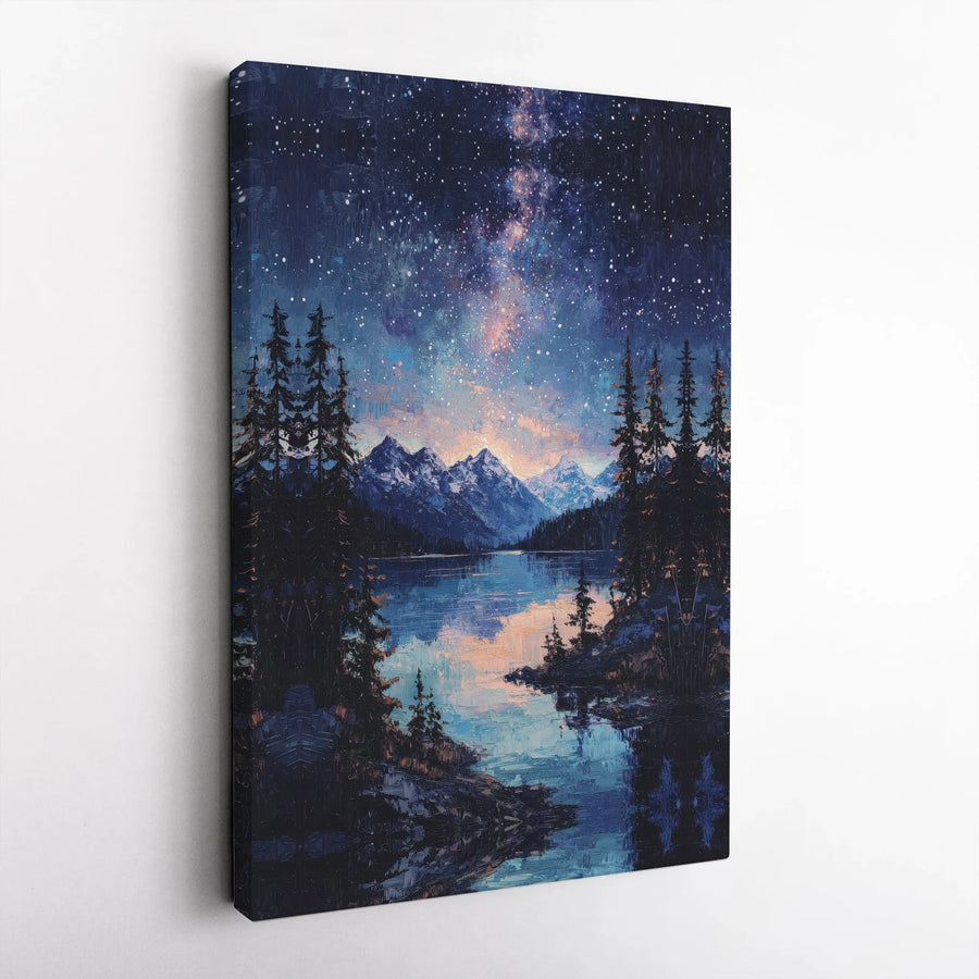 Starry Night Mountain Lake Canvas Print | Textured Impasto Style Night Sky | Premium Gallery Wrapped Canvas | Modern Home Decor Gift for Nature Lovers
