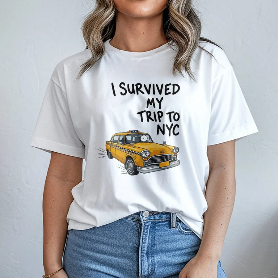 I Survived My Trip To NYC T-Shirt | Funny New York Yellow Taxi Graphic | Soft Cotton Blend Pullover | Premium Traveler Gift Souvenir