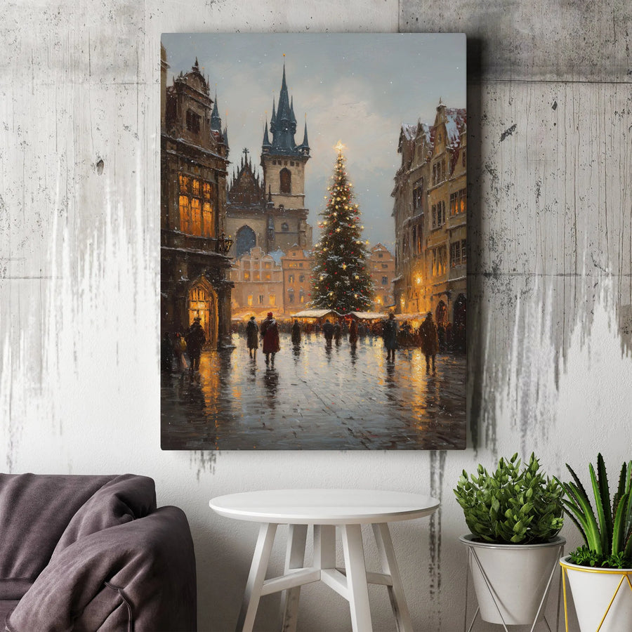 Prague Christmas Market Wall Art | Old Town Square Winter Landscape | Gallery Wrapped Canvas Print | European Holiday Home Decor Gift