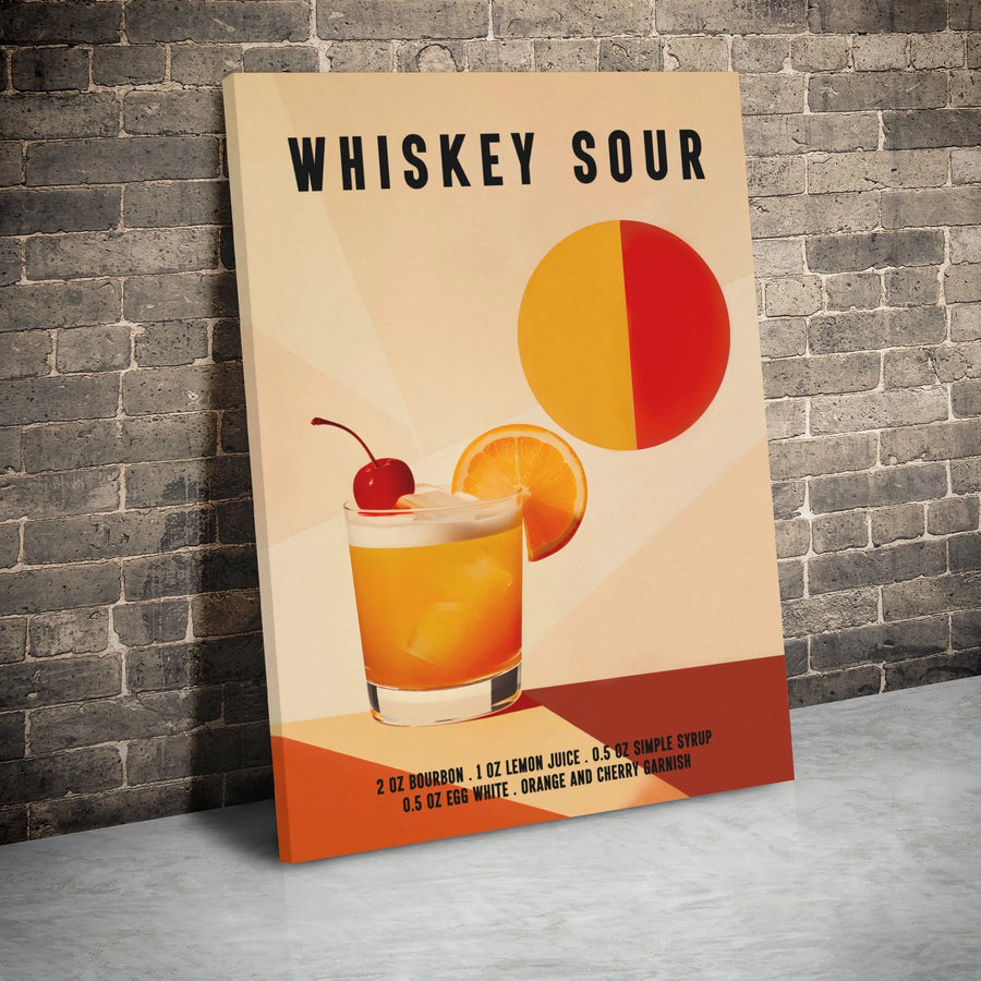 Whiskey Sour Recipe Wall Art | Retro Cocktail Poster Print | Premium Gallery Wrapped Canvas | Bar Decor & Home Mixology Gift