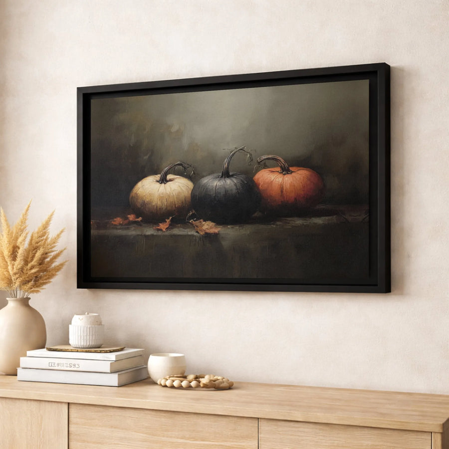 Autumn Pumpkin Wall Art | Moody Still Life Oil Painting Style | Premium 1.25-Inch Canvas Print | Rustic Fall Home Decor