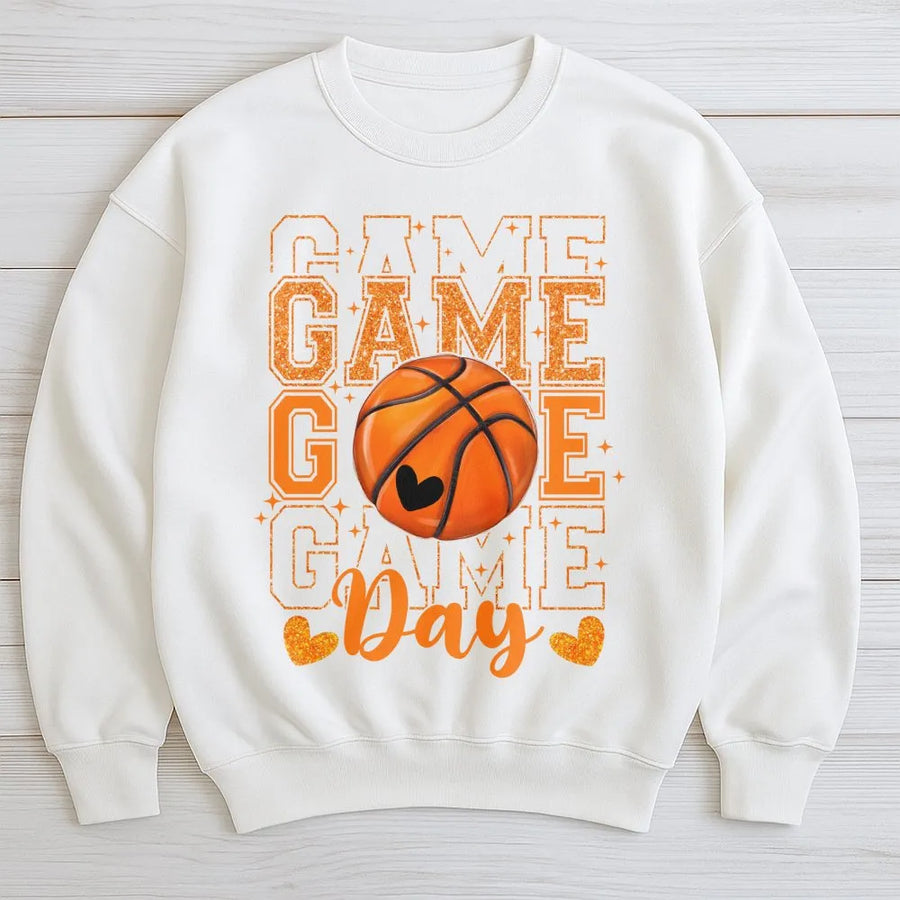 Game Day Basketball Sweatshirt | Glitter Heart Graphic Print | Premium Cotton Blend | Gift For Basketball Mom Or Sports Fan