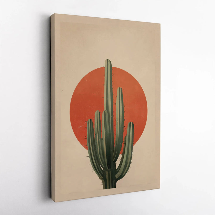Cactus Canvas Print | Minimalist Desert Art with Terracotta Sun | Premium Thick Gallery Canvas | Boho Southwestern Home Decor Gift