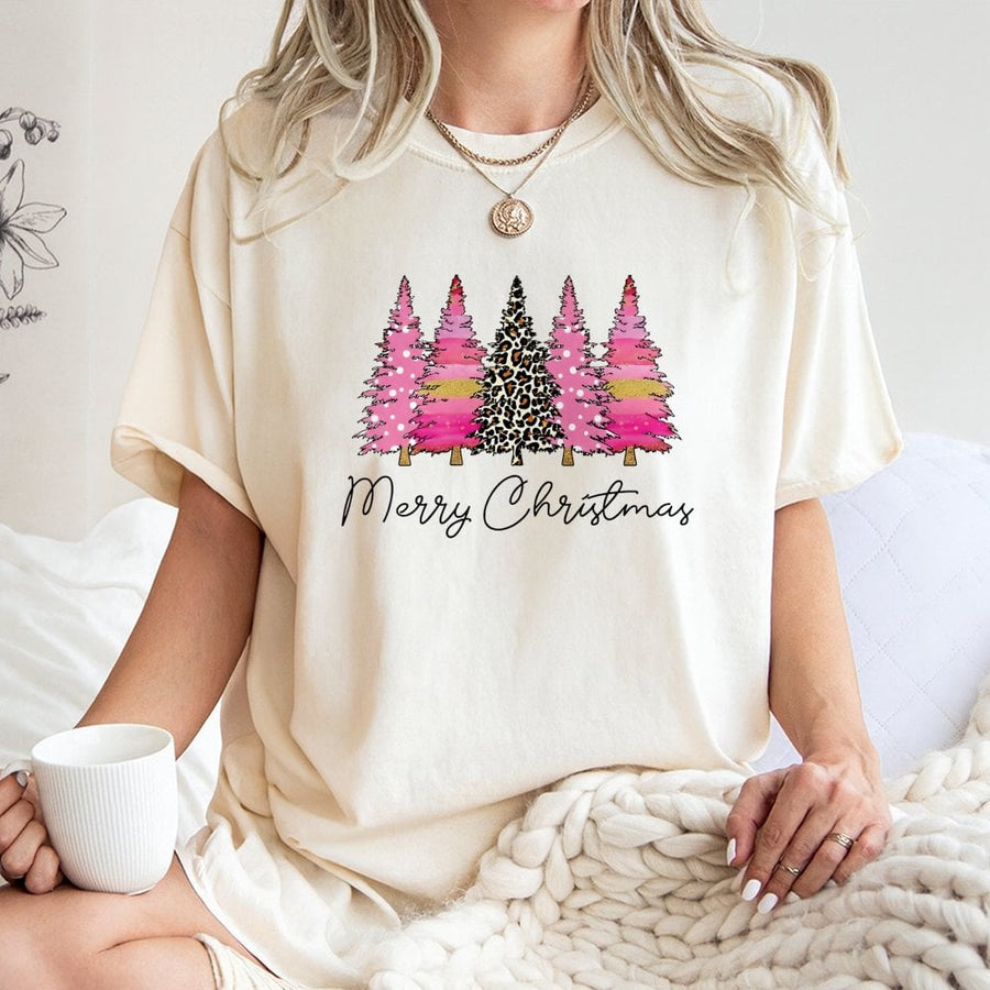 Merry Christmas Pink Leopard Tree T-Shirt | Trendy Holiday Animal Print Graphic Tee | Premium 100% Cotton Soft Fabric | Cute Women's Christmas Gift