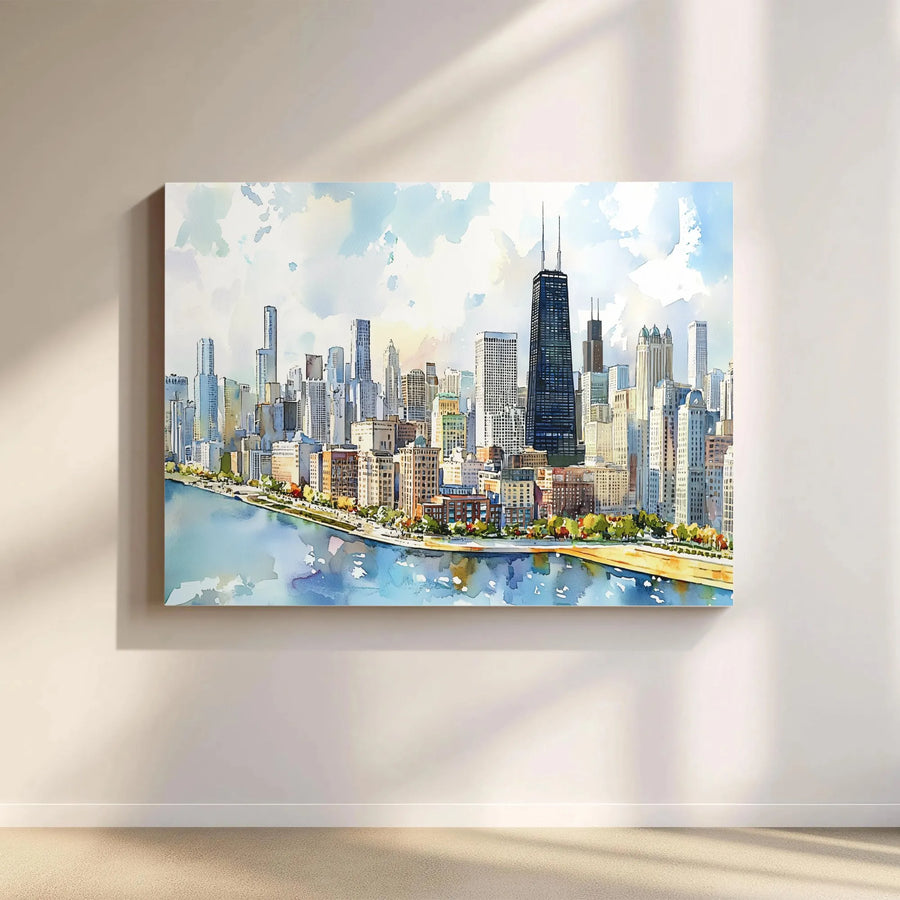 Chicago Skyline Canvas Print | Watercolor Cityscape Wall Art | 1.25 Inch Gallery Wrap | Premium Home Decor Gift for City Lovers