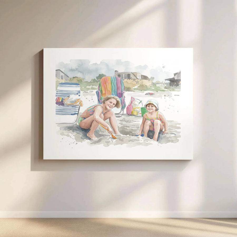 Beach Sisters Watercolor Horizontal Canvas | Children Playing in Sand Art | Premium 1.25" Gallery Wrap | Nostalgic Coastal Decor Gift for Grandparents
