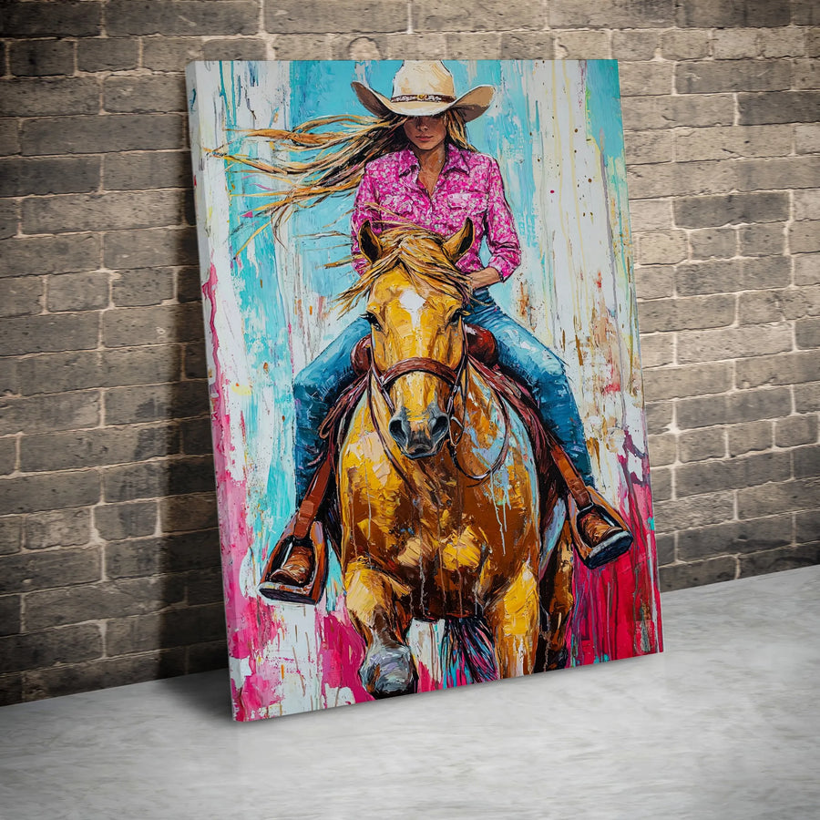 Western Cowgirl Horse Art Canvas | Vibrant Abstract Painting | Gallery-Wrapped Premium Print | Rustic Decor Gift for Equestrian Lovers