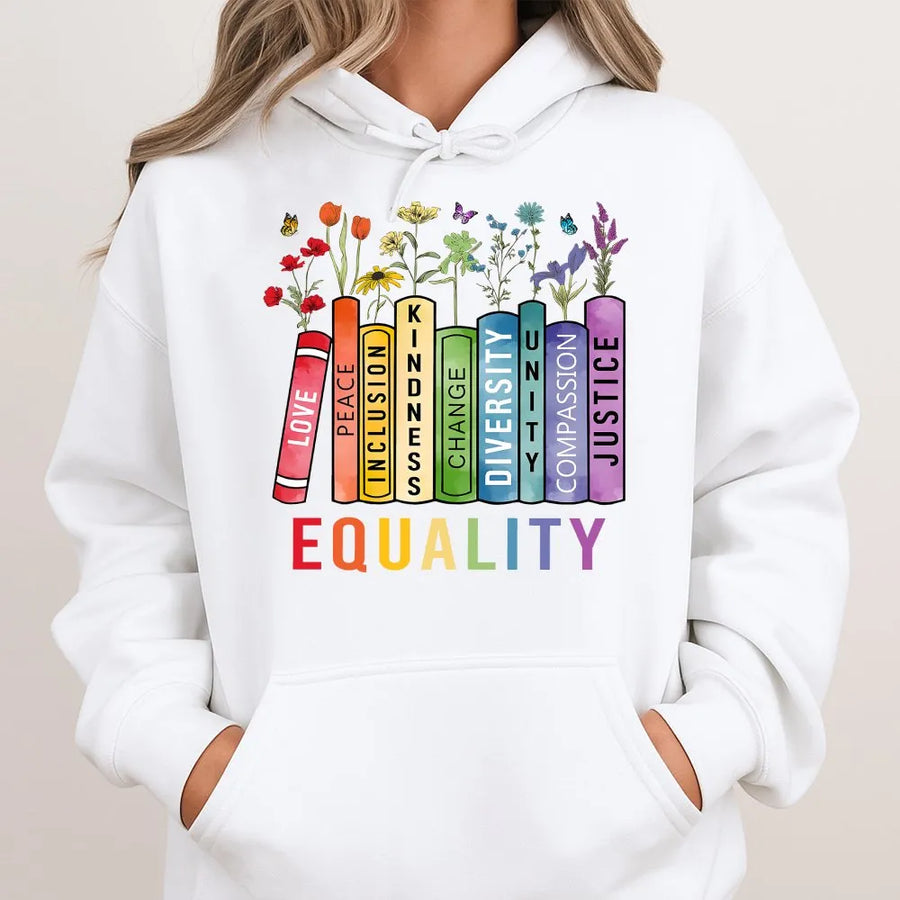 Equality Hoodie | Social Justice Bookshelf Floral Design | Premium Cotton Blend | Human Rights Activist Gift