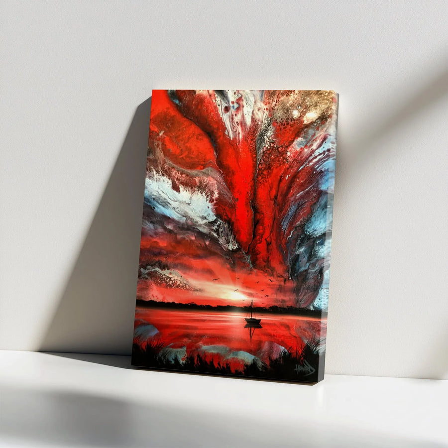 Red Sky Ocean Canvas Wall Art | Abstract Sailor's Warning Seascape Print | Premium Thick Gallery Wrap Canvas | Modern Living Room Decor Gift
