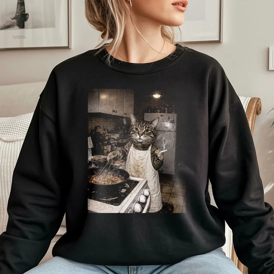 Funny Cat Meme Sweatshirt | Retro Cooking Cat Graphic | Soft Unisex Crewneck | Gift for Cat Lovers and Meme Fans