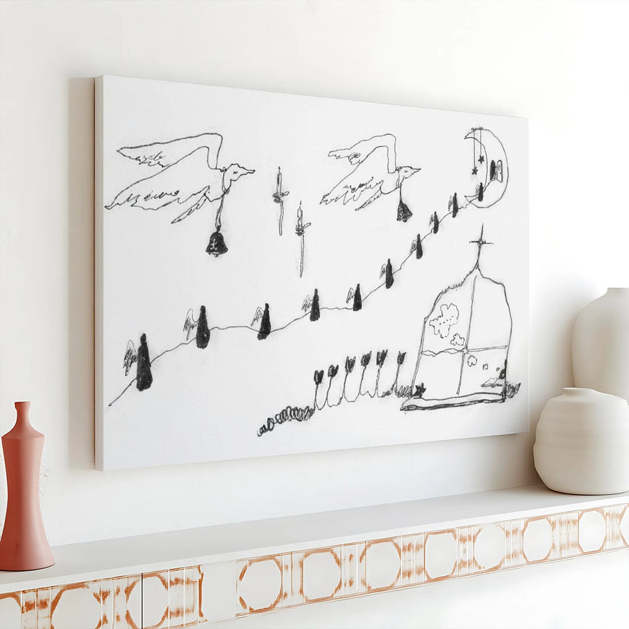 Surreal Bird and Moon Canvas Print | Minimalist Ink Sketch Illustration | Premium Gallery-Wrapped Canvas | Modern Home & Office Decor Gift