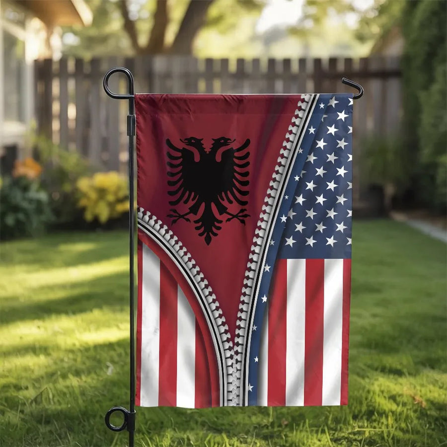 Albanian American Garden Flag | Double Sided Zipper Reveal Print | Weatherproof Polyester | Patriotic Yard Decor Gift for Albanian Americans