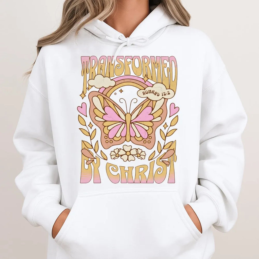 Transformed By Christ Hoodie | Retro Christian Butterfly Faith Graphic | Soft Unisex Premium Pullover | Religious Gift for Women and Men