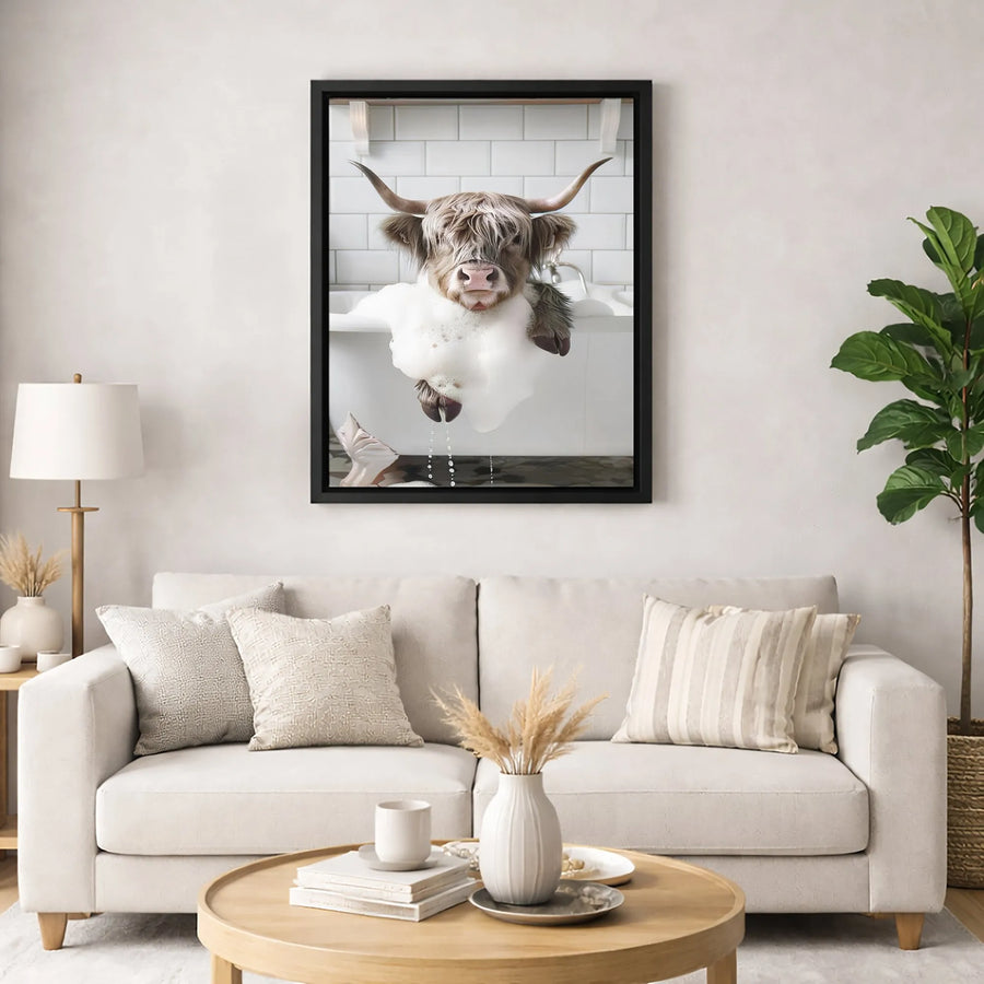 Highland Cow Bathing Wall Art | Funny Farmhouse Animal in Bathtub | Premium 1.25" Thick Canvas Print | Cute Bathroom Decor for Home Gift