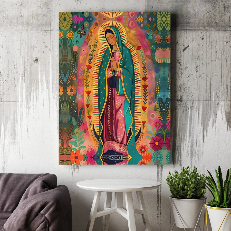 Virgen De Guadalupe Wall Art | Colorful Folk Art Canvas Print | Premium 1.25-inch Gallery Wrap | Catholic Home Decor Gift for Faith and Spiritual Inspiration