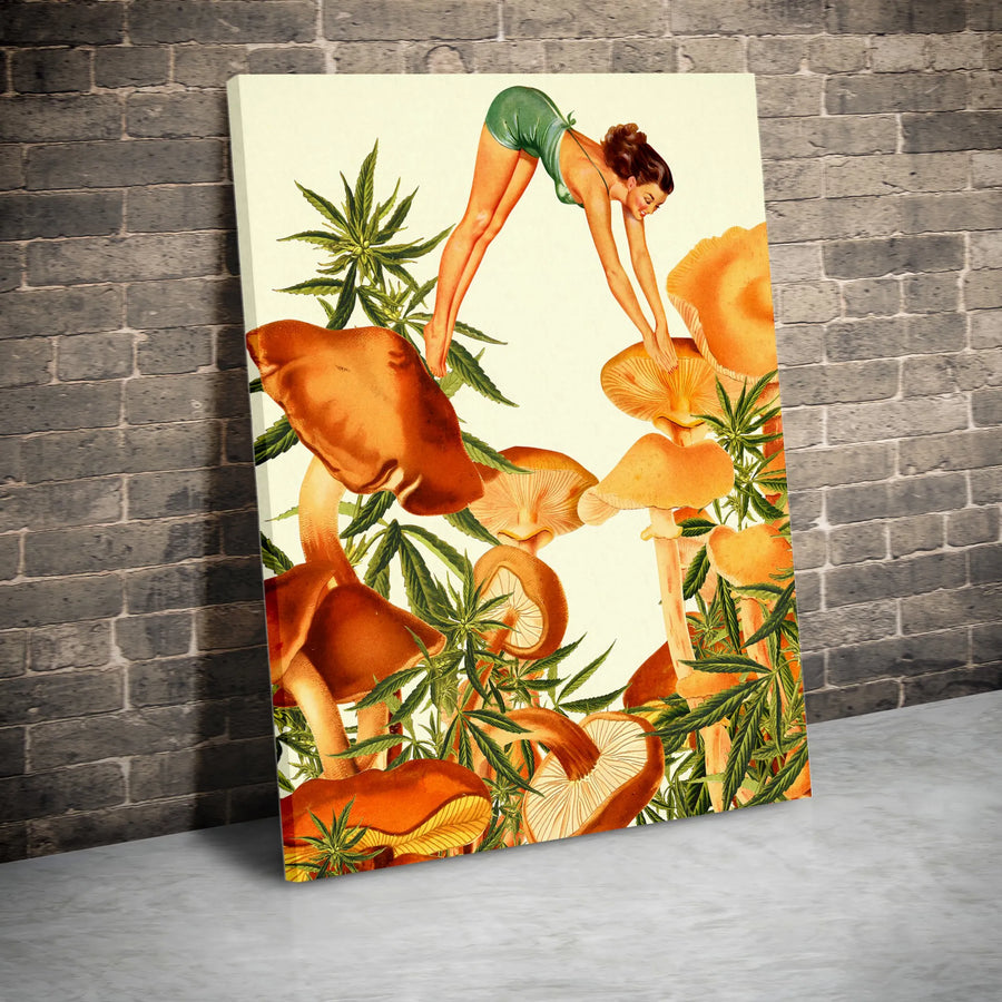 Psychedelic Mushroom Canvas Art | Vintage Pinup Girl & Cannabis Collage | Premium Gallery Wrapped Canvas | Trippy Wall Art & Stoner Gift