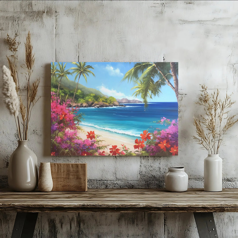 Tropical Beach Canvas Wall Art | Vibrant Coastal Scene Painting with Palm Trees | Gallery Wrapped 1.25" Deep Print | Premium Beach House Decor