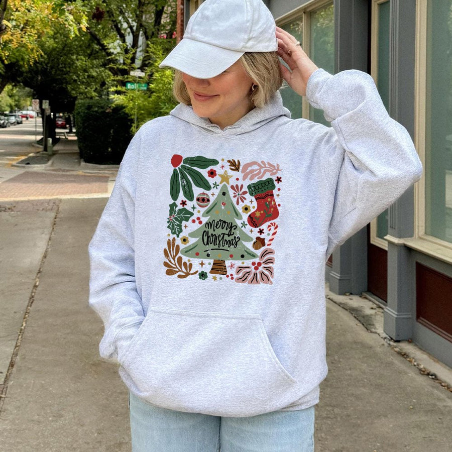 Merry Christmas Tree Hoodie | Festive Botanical Holiday Illustration | Premium Cotton-Blend Graphic Pullover | Cozy Unisex Christmas Gift for Adults