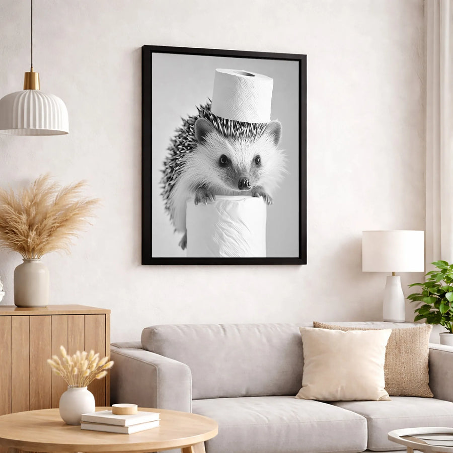 Hedgehog Canvas Wall Art | Funny Toilet Paper Hat Portrait | 1.25 Inch Gallery Wrap | Quirky Bathroom Decor & Unique Gift for Animal Lovers