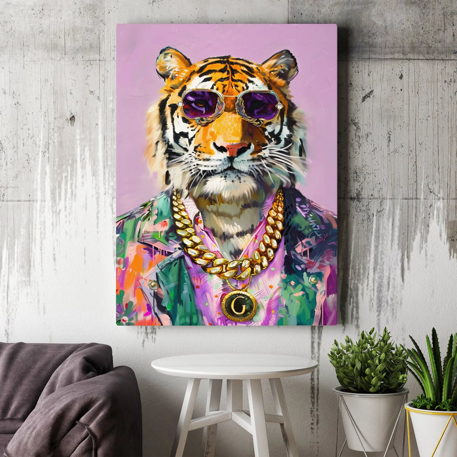 Cool Tiger Wall Art | Hip Hop Style Tiger with Gold Chain | Premium Canvas Print | Unique Urban Decor for Living Room or Office