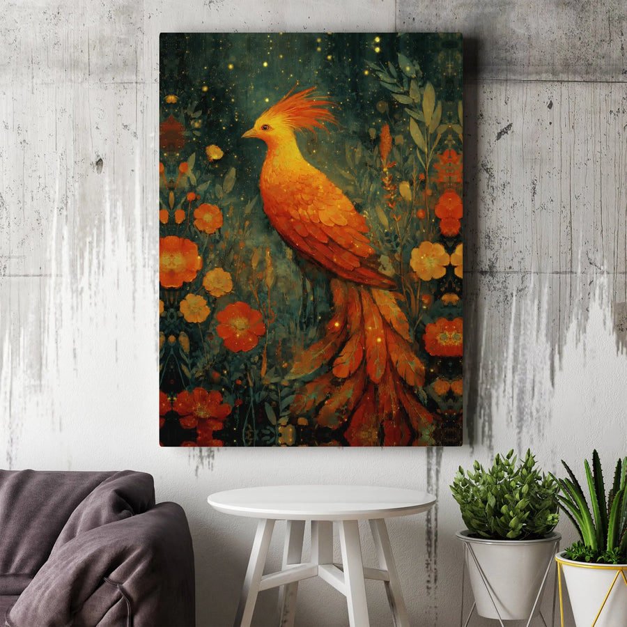 Phoenix Canvas Wall Art | Mystical Firebird & Floral Illustration | Premium Gallery Wrapped Canvas | Fantasy Lover Gift & Living Room Decor