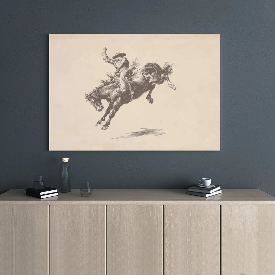 Western Cowboy Wall Art | Vintage Bucking Bronco Sketch | Premium Gallery Wrap Canvas | Rustic Home Office Decor Gift