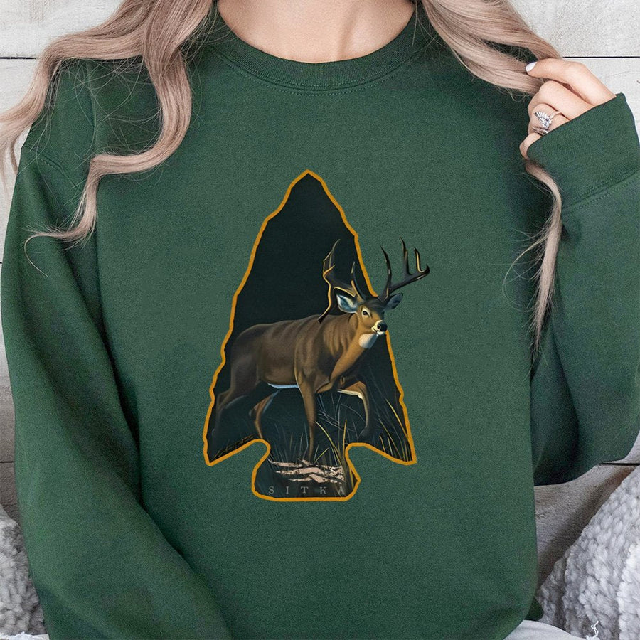 Buck Hunting Sweatshirt | Arrowhead Deer Graphic Print | Premium Cotton Blend Crewneck | Outdoor Wildlife Apparel Gift for Hunters