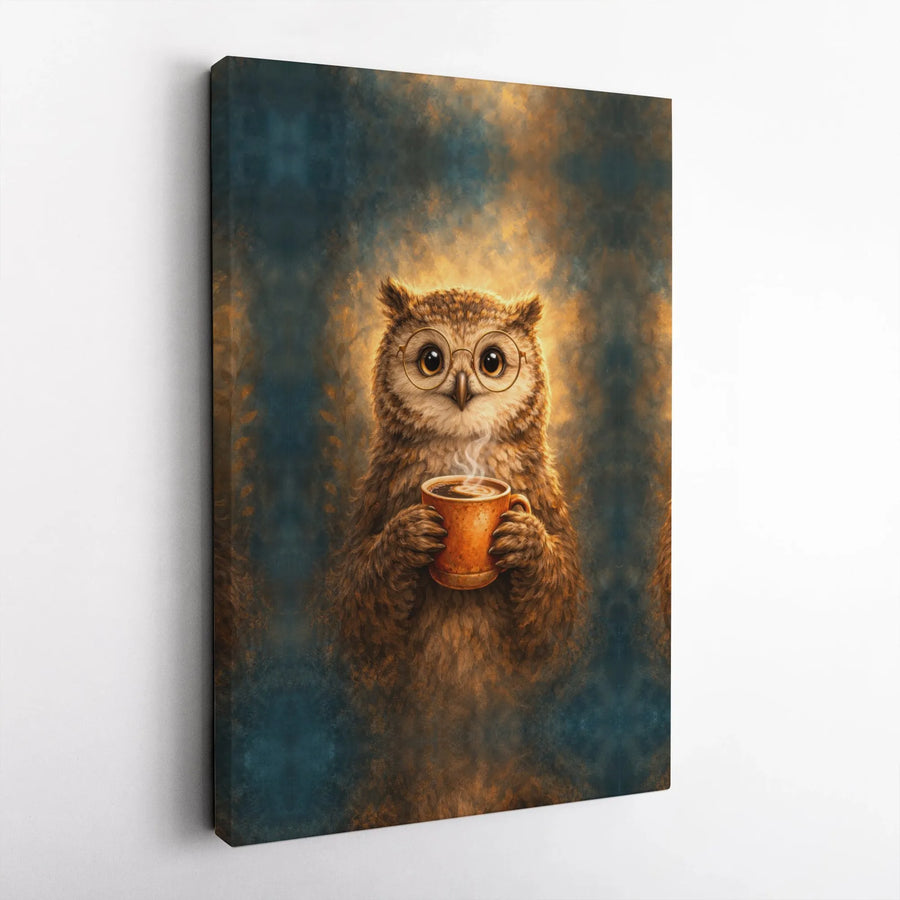 Coffee Loving Owl Canvas Wall Art | Whimsical Animal Painting with Glasses | Premium Gallery Wrapped Art | Gift for Coffee Lover, Kitchen & Cafe Decor