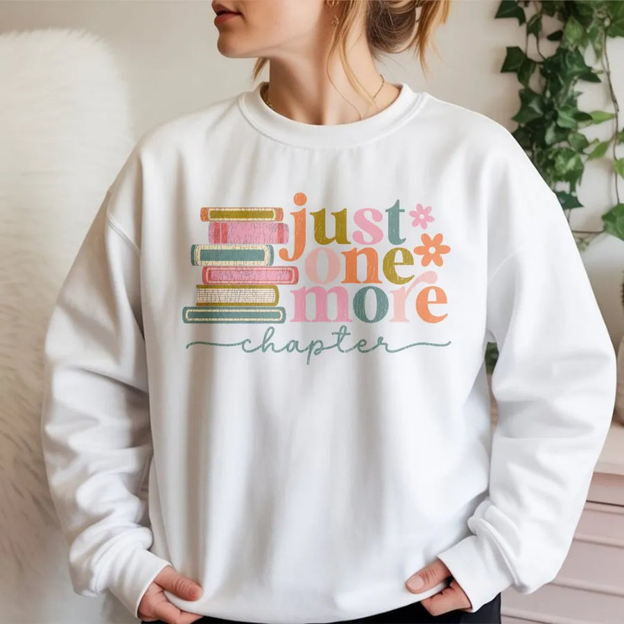 Just One More Chapter Sweatshirt | Retro Book Stack Graphic Design | Premium Cotton-Poly Blend | Book Lover Gift for Readers and Librarians